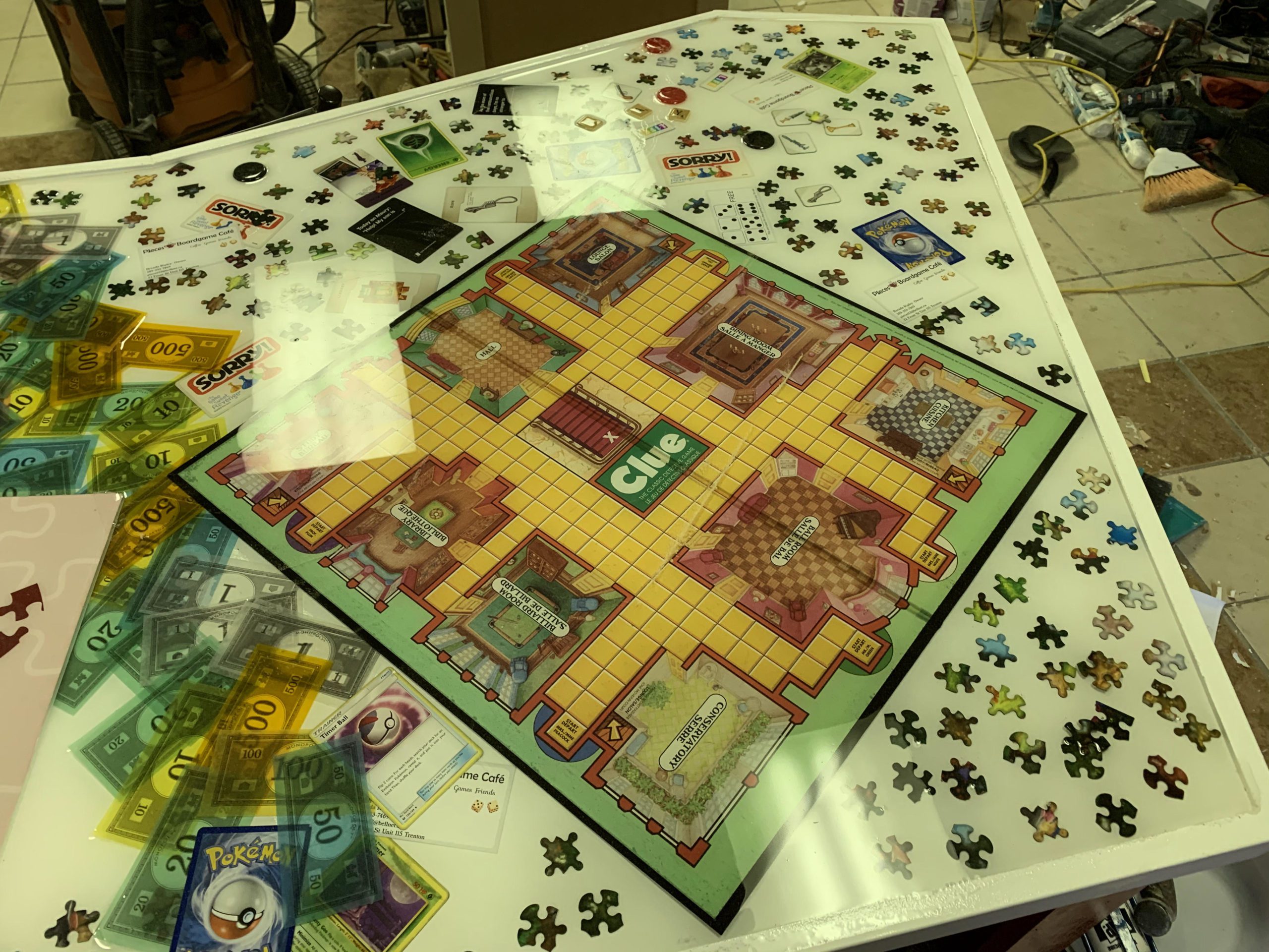 Epoxy Table with Clue Board Game inside